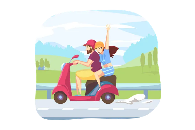 Fun Driving Road Traveling Concept Young Happy Couple In Love Man Woman Boyfriend Girlfriend Travelers Tourists Riding Scooter Or Motorcycle Together Vacation Trip Active Lifestyle And Recreation Illustration