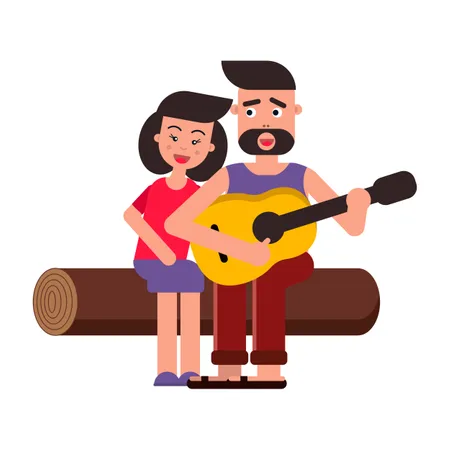 Vector Flat Illustration Style Cartoon Young Happy Family On A Picnic A Couple In Love Songs And Guitar White Background Illustration