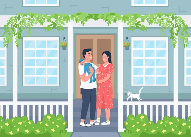 Young Happy Family Outside New Home Flat Color Vector Illustration Man And Woman With Child Stand On Patio Smiling Couple With Baby 2 D Cartoon Characters With House Outdoors On Background Illustration