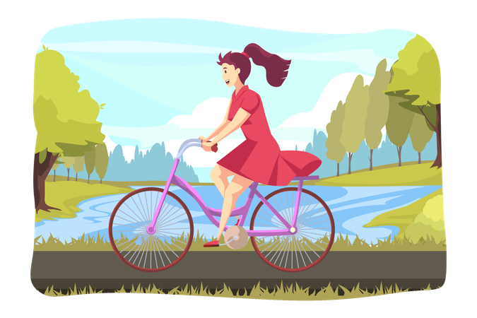 Young happy girl riding bicycle at park  Illustration