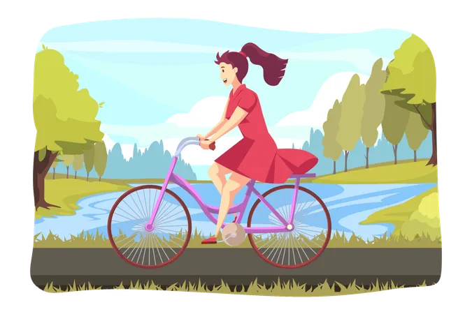Cycling Sport Biking Leisure Time Concept Young Happy Woman Or Girl Character Riding Bicycle At Park Or Square Summer Nature Outdoor Activity And Healthy Active Lifestyle At Weekend Illustration Illustration