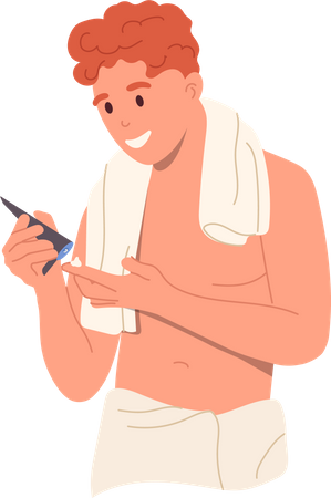 Young happy man applying sunscreen cosmetics  Illustration