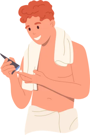 Young happy man applying sunscreen cosmetics  Illustration