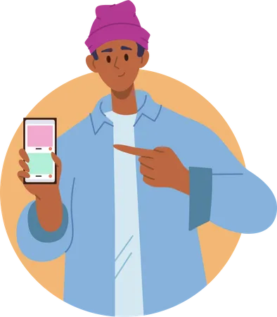 Young happy man holding mobile phone pointing finger at screen display Illustration