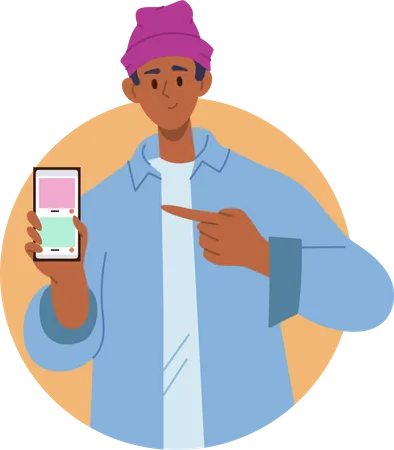 Young happy man holding mobile phone pointing finger at screen display  Illustration