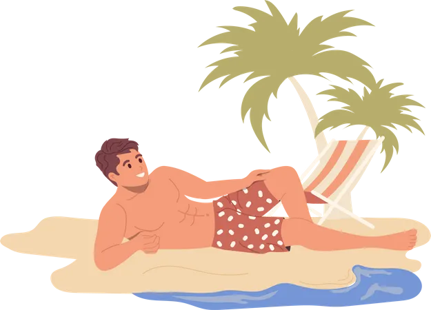 Young Happy Man Cartoon Male Tourist Character Sunbathing At Tropical Sea Beach Resort Over Palm And Deckchair On Sand Island Vector Illustration Isolated On White Background Summer Vacation Time Illustration
