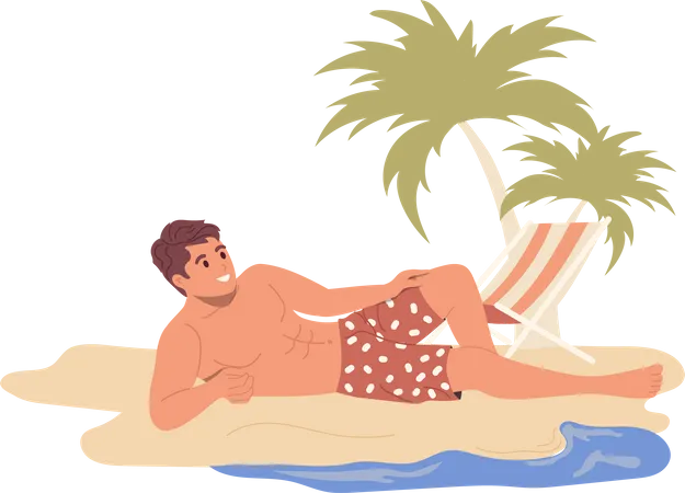 Young happy man sunbathing at tropical sea beach resort  Illustration