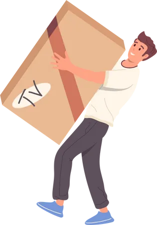 Young happy smiling man buyer carrying TV set in box  Illustration