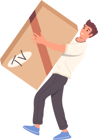 Young happy smiling man buyer carrying TV set in box  Illustration