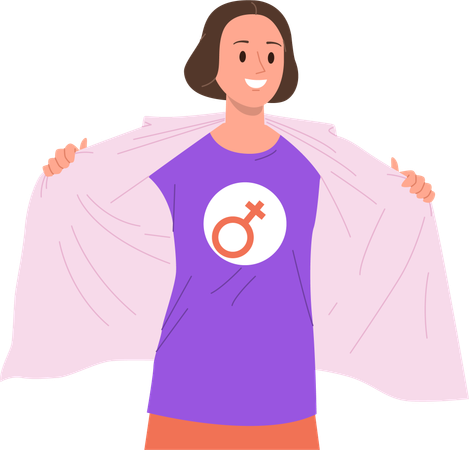 Young happy smiling woman demonstrating femininity sign on casual t-shirt  Illustration