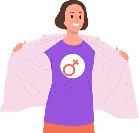 Young happy smiling woman demonstrating femininity sign on casual t-shirt  Illustration