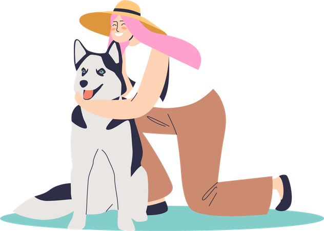 Young happy woman embracing big dog  Illustration