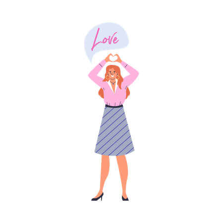 Young happy woman raised hands and shows heart sign with her fingers  Illustration