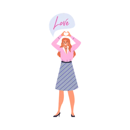 Young happy woman raised hands and shows heart sign with her fingers  Illustration