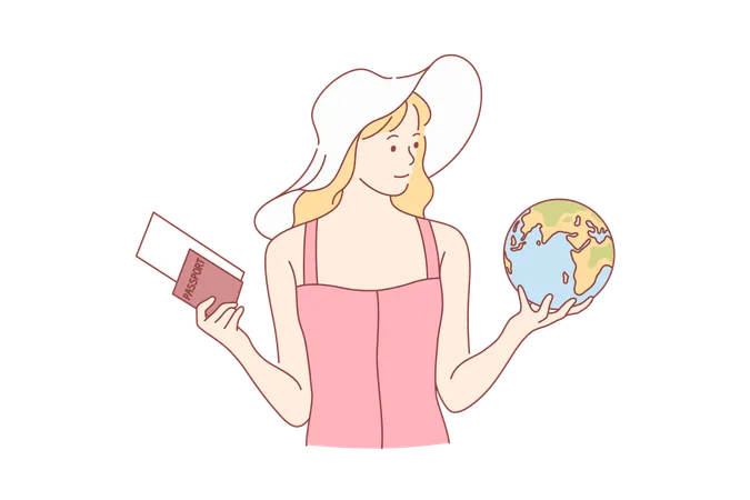 Young happy woman tourist stands with passport and flight ticket  Illustration