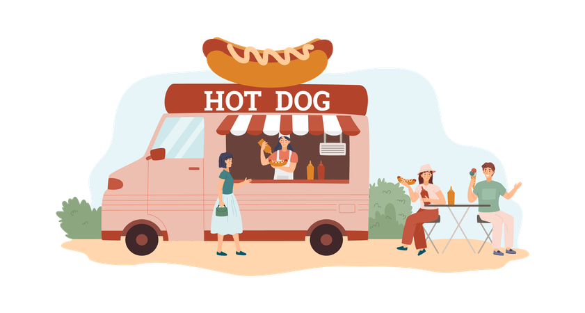 Young hipster couple sit at the outdoor cafe and eat hot dogs  Illustration