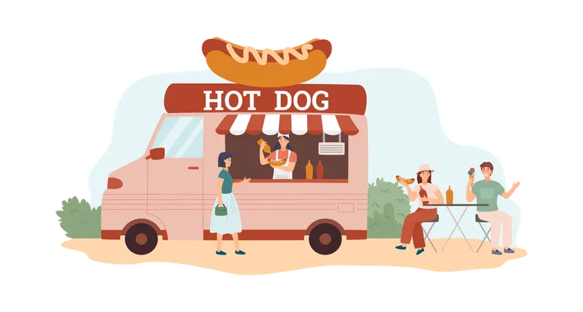 Young hipster couple sit at the outdoor cafe and eat hot dogs  Illustration