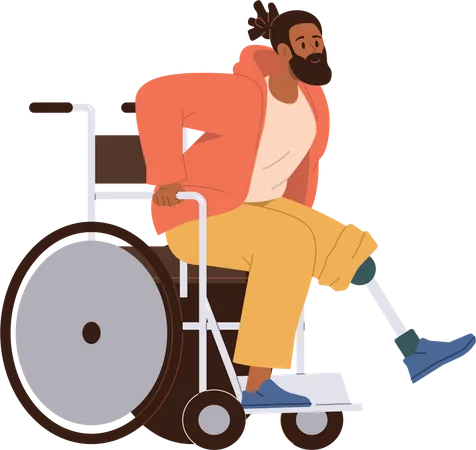 Young hipster man with leg prosthesis trying to stand up from wheelchair  Illustration