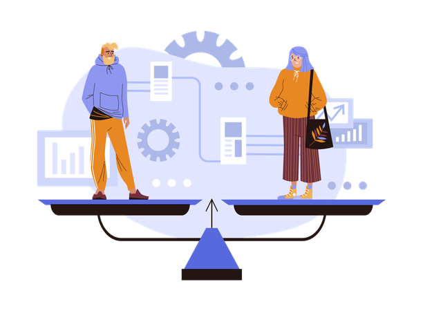 Young hipster persons in casual clothes standing on scales in balance  Illustration