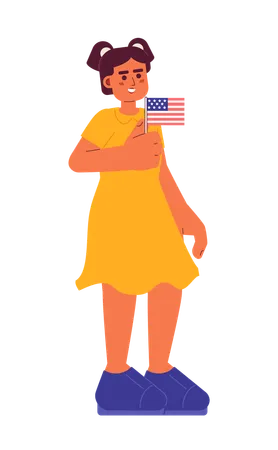 Young Hispanic Girl Holding American Flag Semi Flat Colorful Vector Character Patriotic 4th Of July Kid Editable Full Body Person On White Simple Cartoon Spot Illustration For Web Graphic Design Illustration