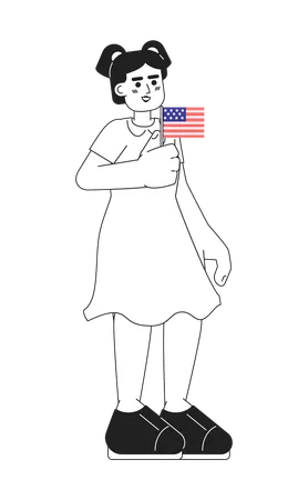 Young Hispanic Girl Holding American Flag Monochromatic Flat Vector Character Patriotic 4th Of July Kid Editable Line Full Body Person On White Simple Bw Cartoon Spot Image For Web Graphic Design Illustration