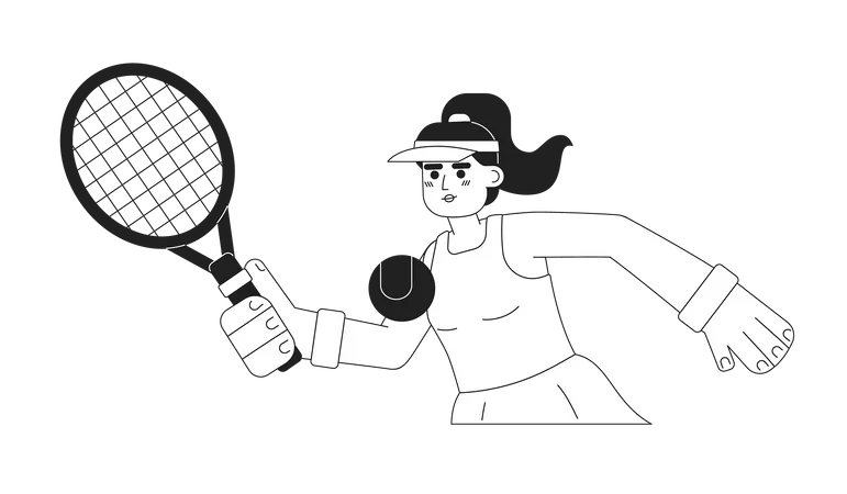 Young Hispanic Woman Playing Tennis Monochromatic Flat Vector Character Professional Tennis Tournament Editable Thin Line Half Body Person On White Simple Bw Cartoon Spot Image For Graphic Design Illustration