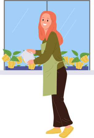 Young housewife growing and caring for sweet pepper on home windowsill  Illustration