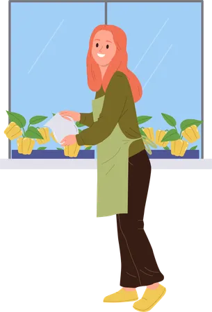 Young housewife growing and caring for sweet pepper on home windowsill  Illustration