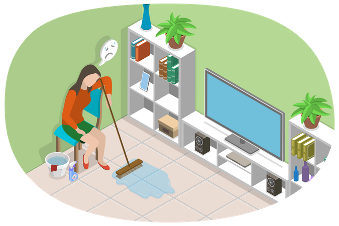 Young housewife tired from doing house work  Illustration