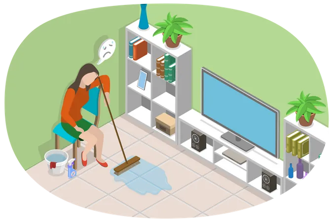 3 D Isometric Flat Vector Conceptual Illustration Of Tired Housewife Exhausted Unhappy Female Housewife Illustration