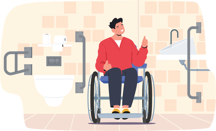 Young inclusive man  sitting in wheelchair feeling satisfied of good WC service  Illustration