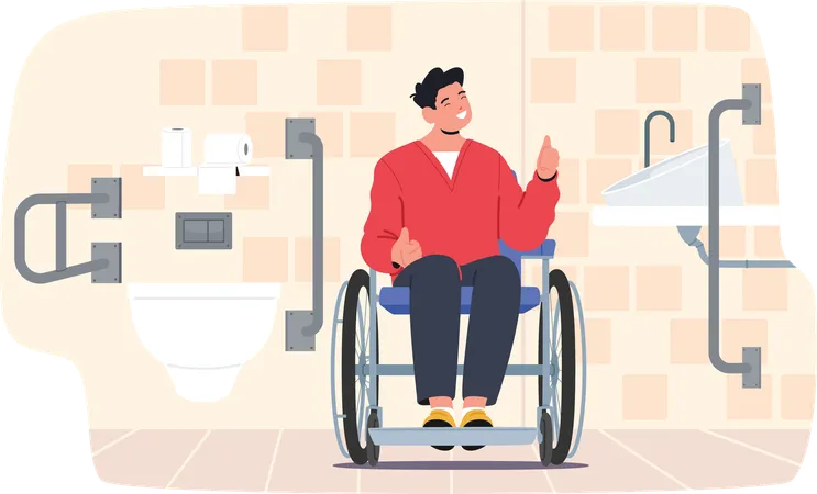 Young inclusive man  sitting in wheelchair feeling satisfied of good WC service  Illustration