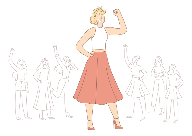 Young Independent Lady In Skirt With Raised Hand  イラスト