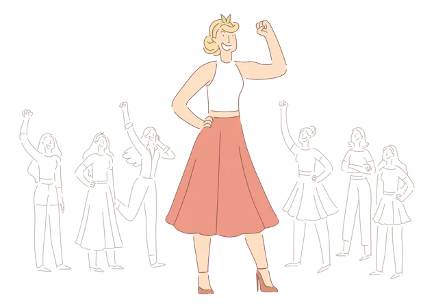 Young Independent Lady In Skirt With Raised Hand  Illustration