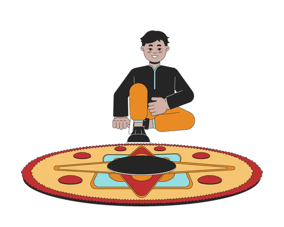 Young Indian Boy Creating Rangoli 2 D Linear Cartoon Character South Asian Child Isolated Line Vector Person White Background Hindu Festival Of Lights Deepawali Color Flat Spot Illustration Illustration
