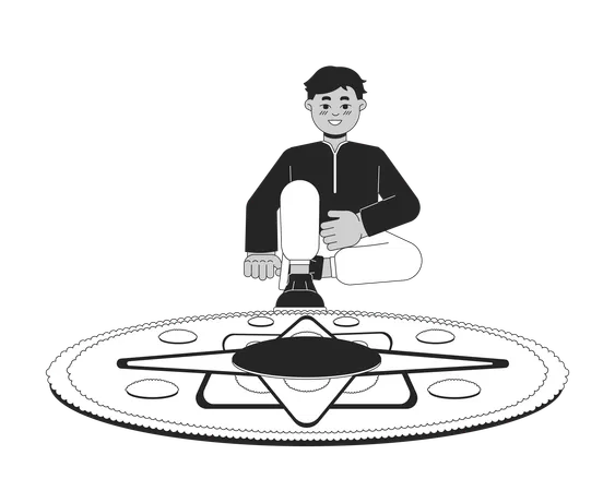 Young Indian Boy Creating Rangoli Black And White 2 D Line Cartoon Character South Asian Child Isolated Vector Outline Person Hindu Festival Of Lights Deepawali Monochromatic Flat Spot Illustration Illustration