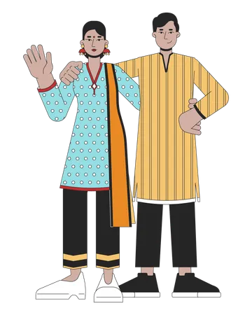 Young Adult Indian Couple Ethnic 2 D Linear Cartoon Characters Diwali South Asians Isolated Line Vector People White Background Hindu Festival Of Lights Deepawali Custom Color Flat Spot Illustration Illustration
