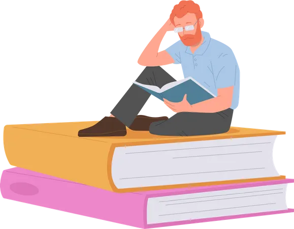 Young Intelligent Man Cartoon Character Reading Book Enjoying Self Development And Improving Knowledge Vector Illustration Male Literature Lover Literacy Club Member Sitting On Big Textbooks Stack Illustration