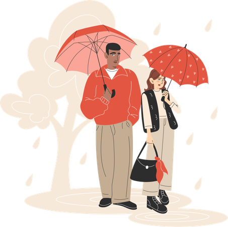Young Interracial Couple Walking in the Rain with Umbrellas in Autumn Park  Illustration