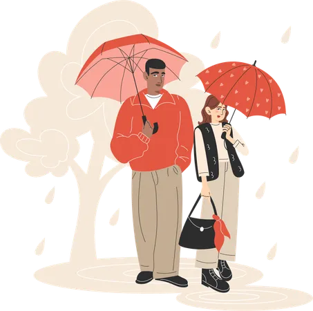 Young Interracial Couple Walking in the Rain with Umbrellas in Autumn Park  Illustration