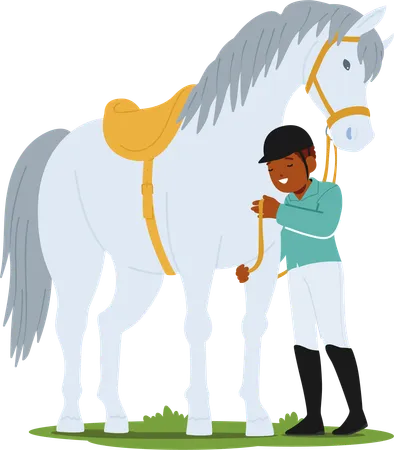Young Jockey Adorned In Colorful Racing Gear Affectionately Tends To His Spirited Horse Their Bond Evident In Shared Excitement And A Mutual Anticipation For The Upcoming Race Vector Illustration Illustration