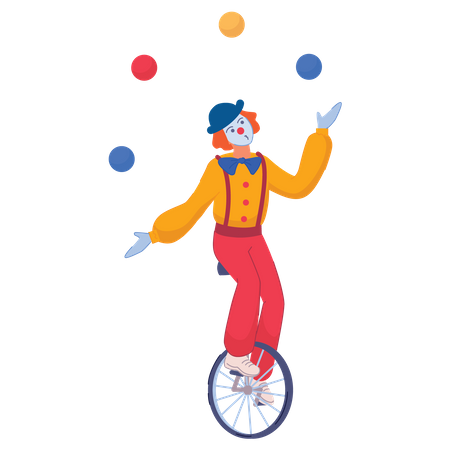 Young joker man riding one wheel cycling with juggling ball  Illustration