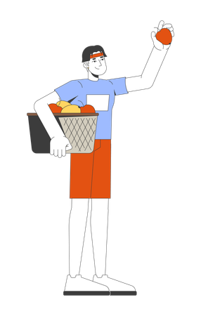 Young korean man holding basket of freshly picked apples  Illustration