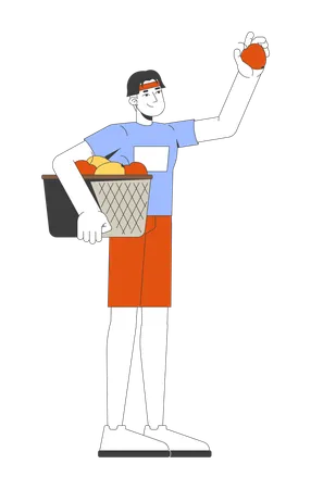 Young korean man holding basket of freshly picked apples  Illustration