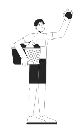 Young korean man holding basket of freshly picked apples  Illustration