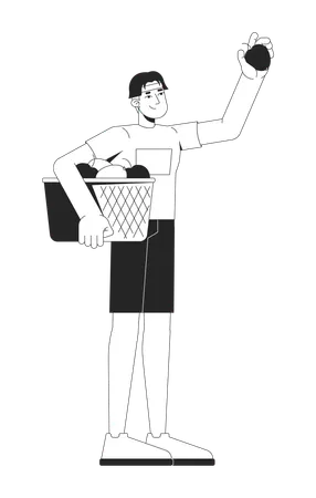 Young korean man holding basket of freshly picked apples  Illustration
