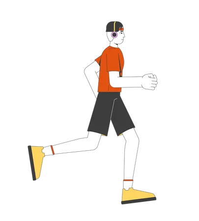 Young korean man running while listening to music with headphones  Illustration