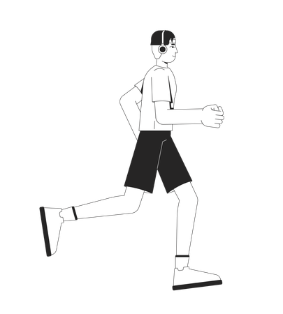 Young korean man running while listening to music with headphones  Illustration