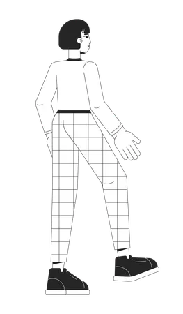 Young Korean Woman Stepping Forward Black And White 2 D Line Cartoon Character Back View Female Office Worker In Checkered Pants Isolated Vector Outline Person Monochromatic Flat Spot Illustration 일러스트레이션