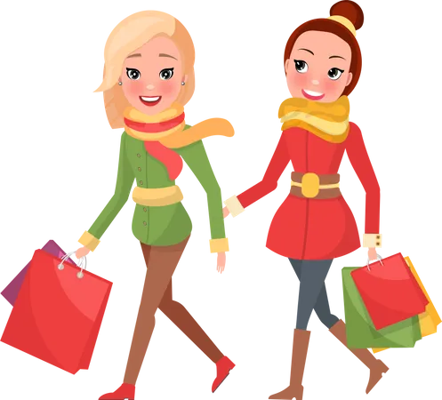 Females With Packages Full Of Present Buying Gifts To Nearest Happy Women On Shopping Vector Isolated Blonde And Brunette Ladies In Warm Winter Cloth Illustration